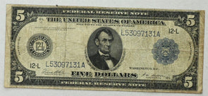 US 1913 C $5 Fine Federal Reserve Notes Blue Seal RC0727 combine shipping