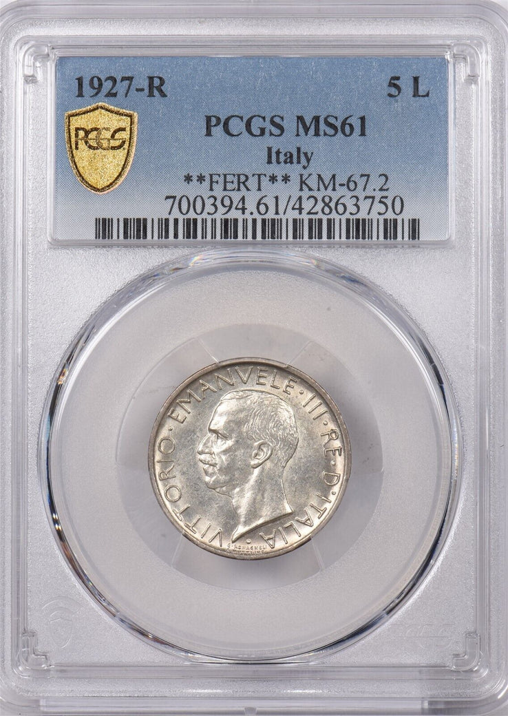 Italy 1927 R 5 Lire Eagle animal PCGS MS 61 FERT KM-67.2, Frosty White BU PI0142