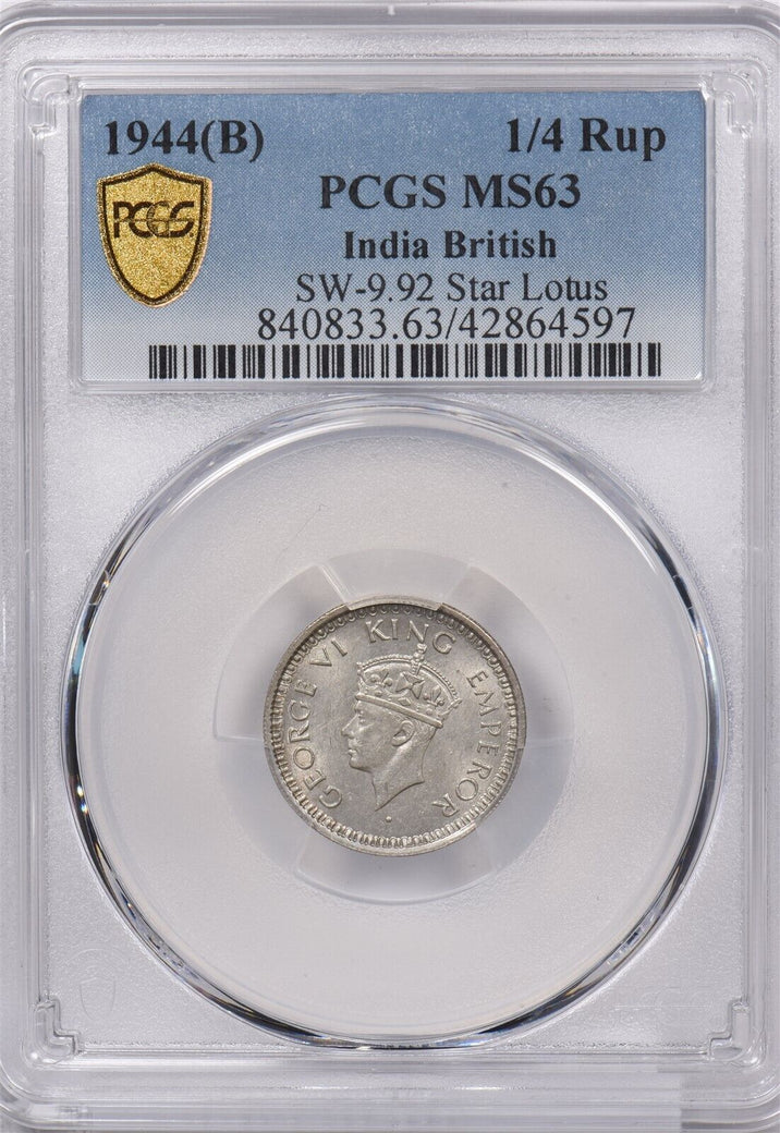 India British 1944 B 1/4 Rupee PCGS MS 63 SW-9.92 Star Lotus PI0037 combine ship