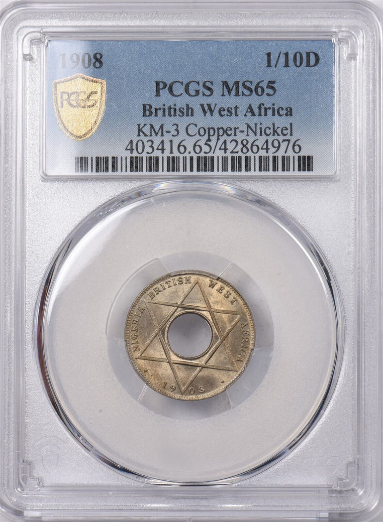 British West Africa 1908 1/10 Penny PCGS MS 65 KM-3 Copper-Nickel PI0210 combine