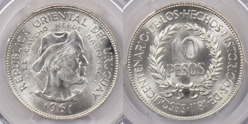 Uruguay 1961 10 Pesos PCGS MS 64 Revolution Sesquicentennial PI0132 combine ship