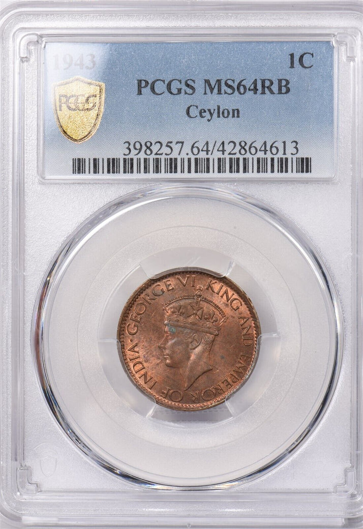 Ceylon 1943 Cent PCGS MS 64 RED BROWN PI0082 combine shipping