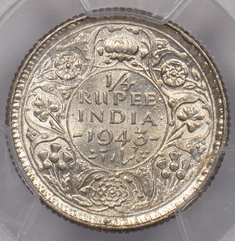 India British 1943 C 1/4 Rupee PCGS MS 63 SW-9.86 PI0119 combine shipping