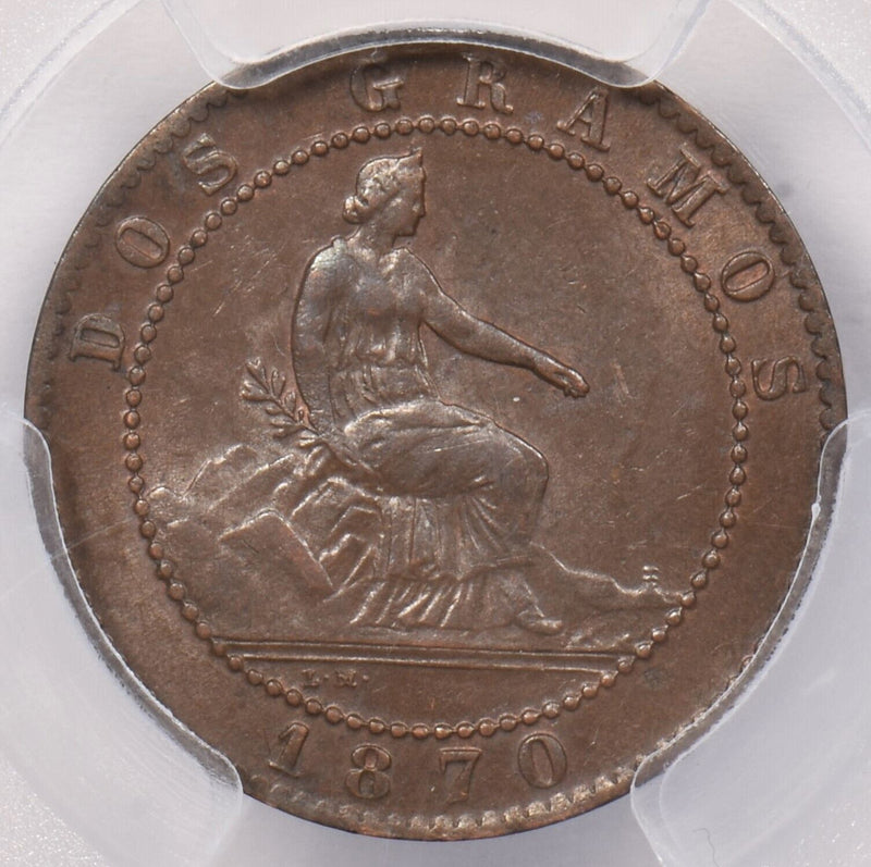 Spain 1870 OM 2 Centimos Lion animal PCGS MS 62 BROWN PI0103 combine shipping