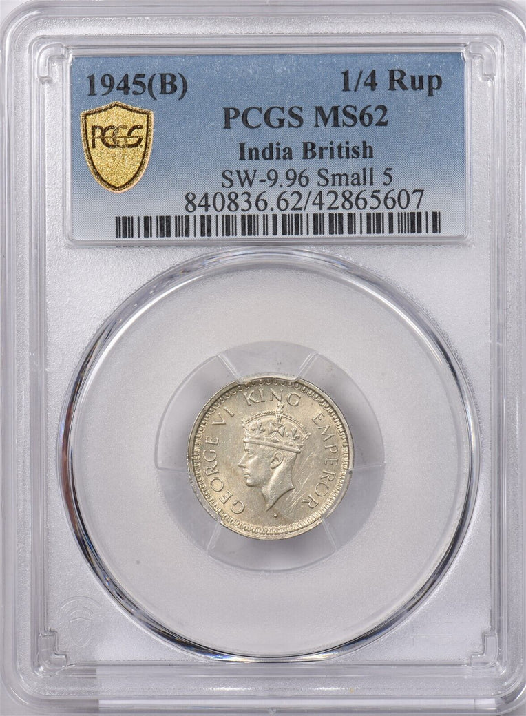 India British 1945 B 1/4 Rupee PCGS MS 62 SW-9.96 Small 5 PI0222 combine shippin