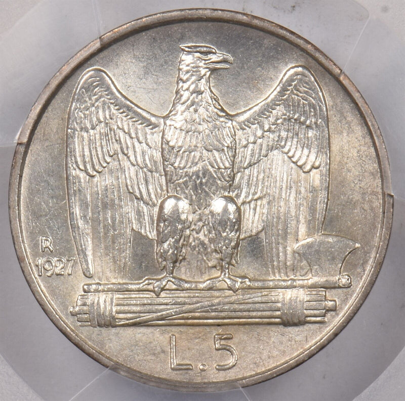 Italy 1927 R 5 Lire Eagle animal PCGS MS 61 FERT KM-67.2, Frosty White BU PI0142