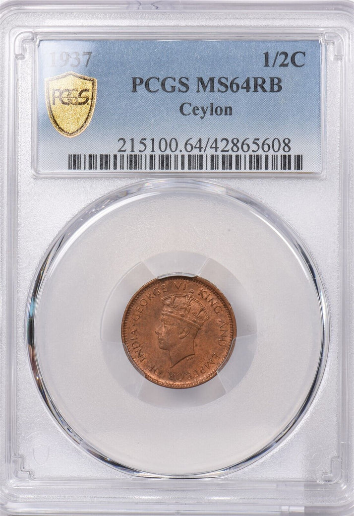 Ceylon 1937 1/2 Cent PCGS MS 64 RED BROWN PI0084 combine shipping