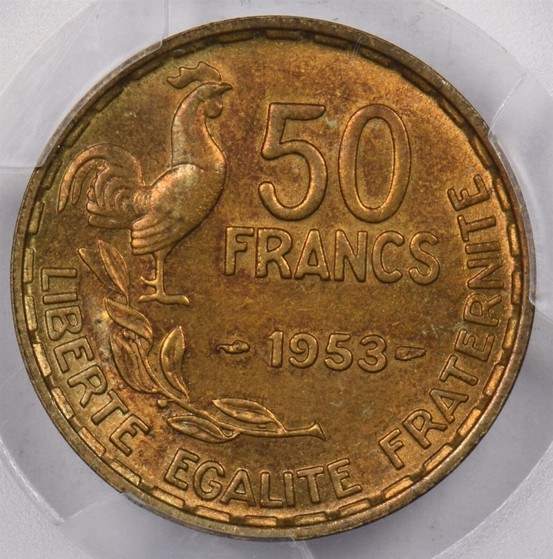 France 1953 50 Francs Rooster animal PCGS MS 65 Gad-880 PI0212 combine shipping