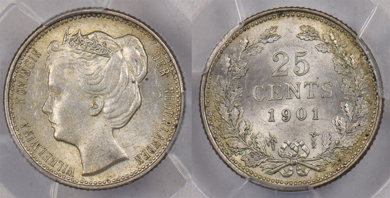 Netherlands 1901 25 Cents PCGS MS 63 Knobbed 25 PC1470 combine shipping