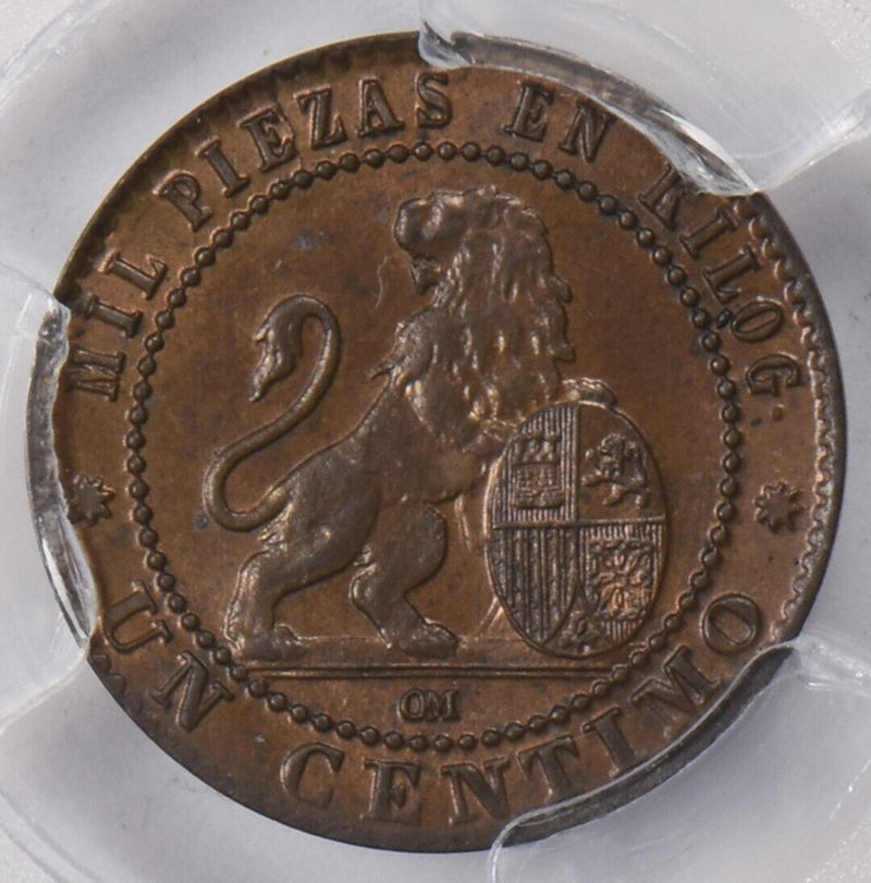 Spain 1870 OM Centimo Lion animal PCGS MS 64 BROWN KM-660 PI0211 combine shippin