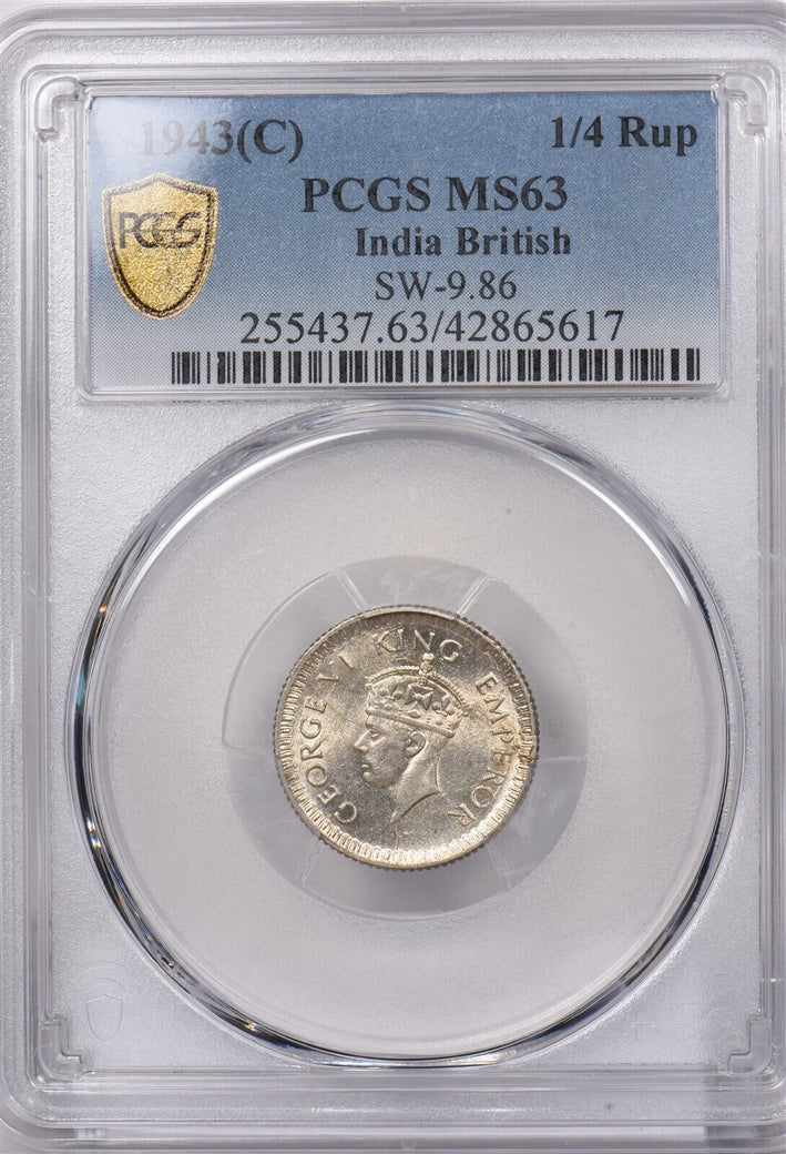India British 1943 C 1/4 Rupee PCGS MS 63 SW-9.86 PI0119 combine shipping