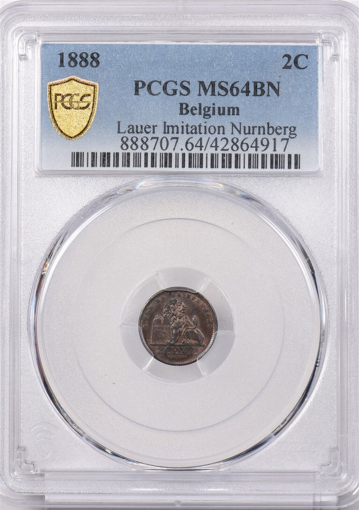 Belgium 1888 2 Cents Lion animal PCGS MS 64 BROWN Lauer Imitation Nurnberg PI014
