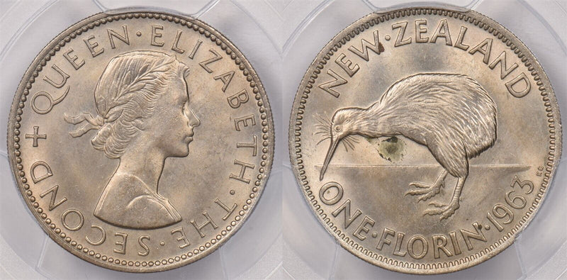 New Zealand 1963 Florin Kiwi Bird animal PCGS Genuine Environmental Damage-UNC D