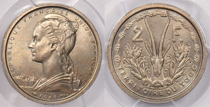 Togo 1948 2 Francs Gazelle animal PCGS SP 65 Togo Lec-21 Essai Cu-Ni Only 3 Fine