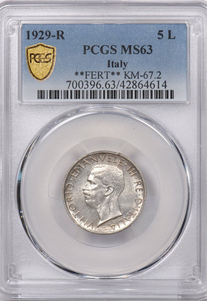 Italy 1929 R 5 Lire Eagle animal PCGS MS 63 **FERT** KM-67.2 PI0115 combine ship