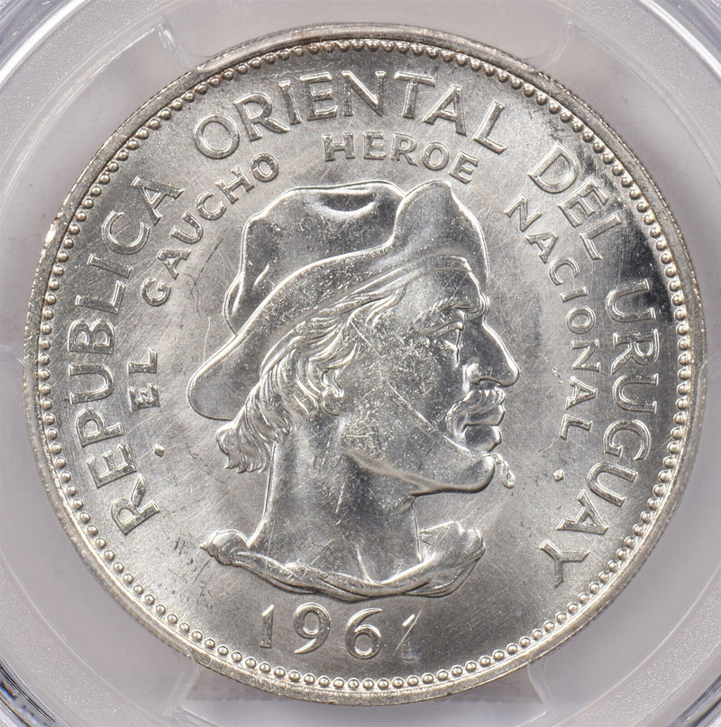 Uruguay 1961 10 Pesos PCGS MS 64 Revolution Sesquicentennial PI0132 combine ship