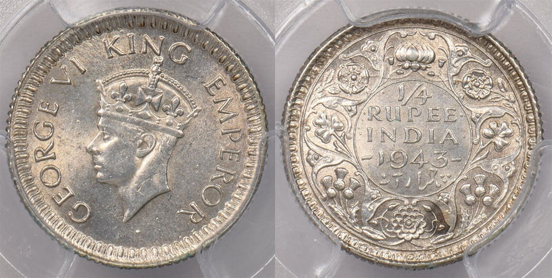 India British 1943 C 1/4 Rupee PCGS Genuine Cleaned-UNC Detail SW-9.86 PI0118 co