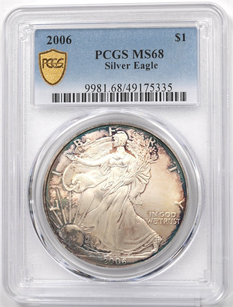 2006 Silver Eagle Nice Luster and Blue/Orange Toning! PCGS MS68 PC1714