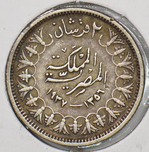 Egypt 1937 1356AH 2 Piastres Silver ASW: 0.075oz 199601 combine shipping