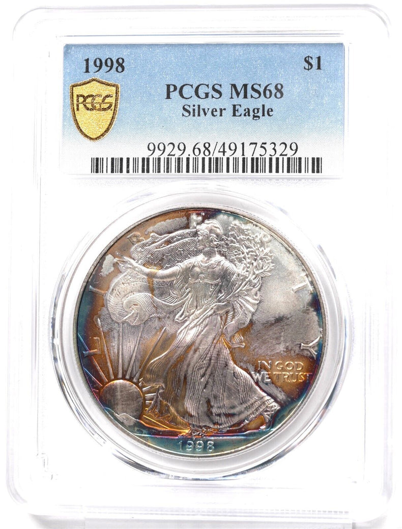 1998 Silver Eagle Gorgeous Monster Rainbow Blue/Orange Toning! PCGS MS68 PC1718