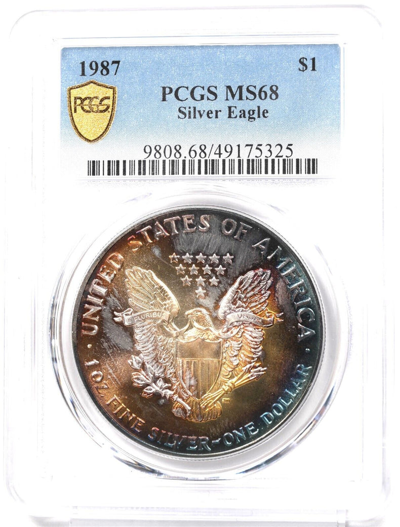 1987 Silver Eagle Gorgeous Monster Rainbow Blue/Orange Toning! PCGS MS68 PC1716