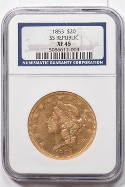 1853 $20 Liberty Head Gold Double Eagle SS Republic shipwreck rare NGC XF45 NG1