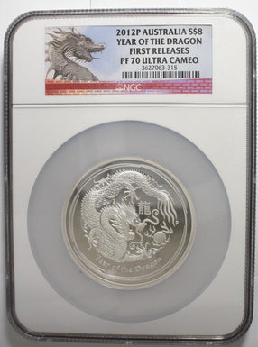 Australia 2012 P $8 Silver PROOF 70 Ultra Cameo ASW 5oz Year of the Dragon BL018