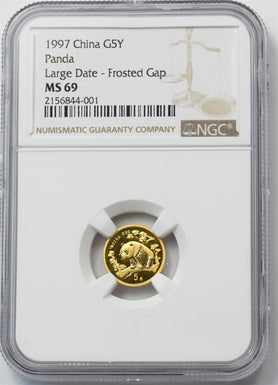 China 1997 5 Yuan NGC MS69 Gold Panda Large Date-Frosted Gap 1/20oz AGW NG1926