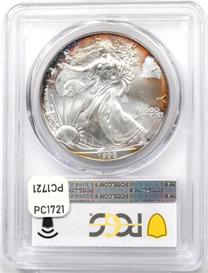 1998 Silver Eagle Gorgeous Monster Rainbow Blue/Orange Toning! PCGS MS68 PC1721