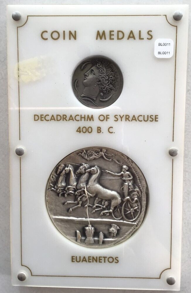 400 BC 7.17 oz Silver Medal DECARACHM OF SYRACUSE Mounted with EVAENETOS Horse