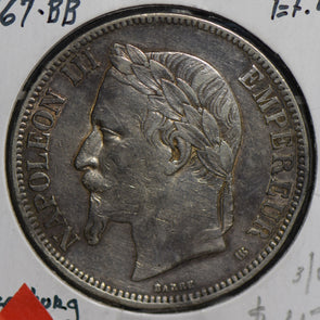 France 1867 BB  silver 5 Francs F0193 combine shipping
