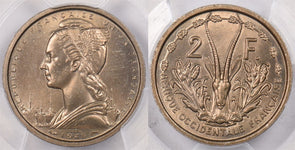 Djibouti 1948 2 Francs Antelope animal PCGS SP 66 French Somaliland Lec-31 Essai