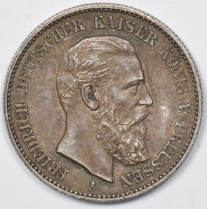 German States 1888 A 2 Mark UNC Prussia AU. Silver GE0164 combine shipping