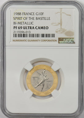 France 1988 10 Francs gold NGC Proof 69 Ultra Cameo Gold Center with Palladium a