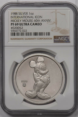 1988 silver NGC PF 69UC International Icon Mickey Mouse 60th Anniversary 1Oz S