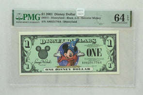 Disney Dollar 2001 Dollar PMG Choice UNC 64EPQ DIS71. Sorcerer Mickey. Disneyla