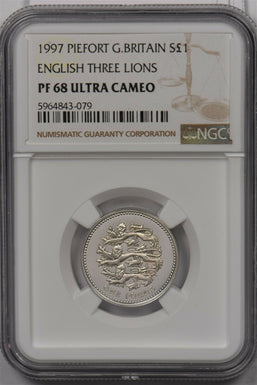 Great Britain 1997 Pound silver NGC PF 68UC Piefort English Three Lions NG1389 c