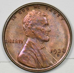 1938-S Lincoln Wheat Cent Magenta Toning GEM BU RB U0442