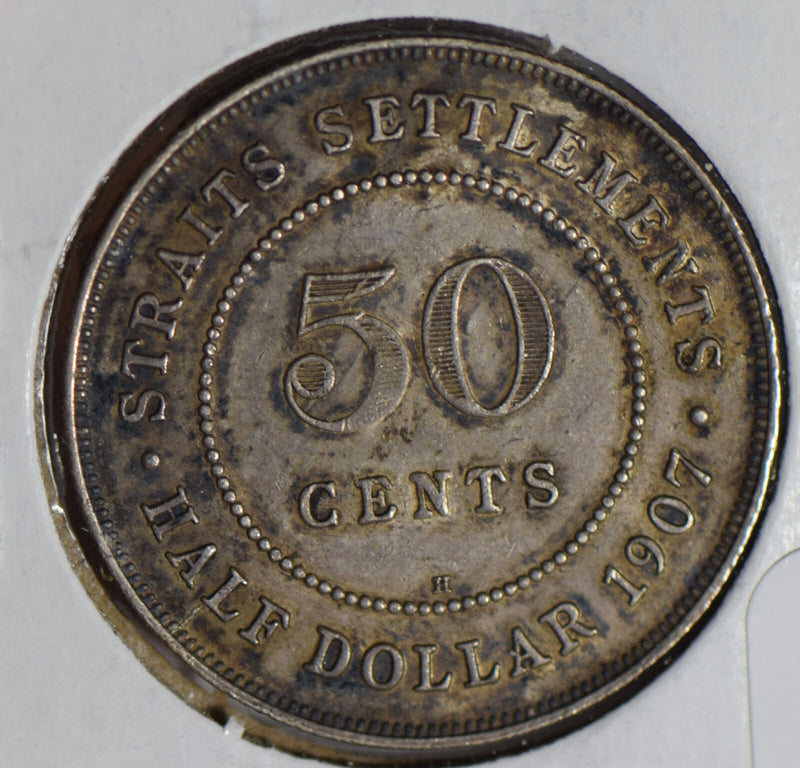 Straits Settlements 1907 H 50 Cents silver luster underneath S0234 combine shipp