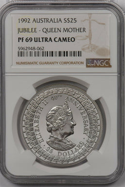 Australia 1992 25 Dollar silver NGC Proof 69UC Jubilee Queen Mother NG1451 combi