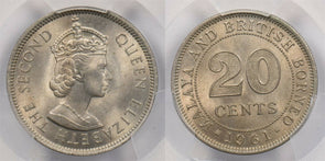 Malaya and British Borneo 1961 20 Cents PCGS MS 64 rare condition PC1226 combin