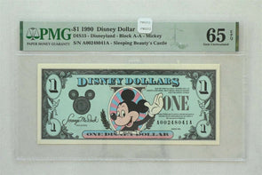 Disney Dollar 1990 Dollar PMG Gem UNC 65EPQ DIS15. Mickey. Sleeping Beauty's Ca
