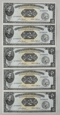 Philippines 1949 Series 2 Pesos Signatures #5. Lot of 5 consecutive S/N Gem CU R