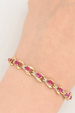 10K Gold Synthetic Ruby Diamond Bracelet 7.7g 7.4inch RG0129