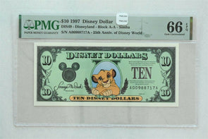 Disney Dollar 1997 $10 PMG Gem UNC 66EPQ DIS49. Simba. 25th Anniv. of Disney Wo