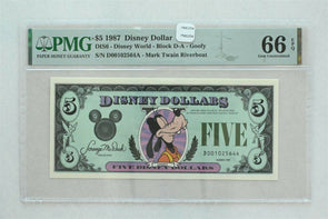 Disney Dollar 1987 $5 PMG Gem UNC 66EPQ DIS6. Goofy. Mark Twain Riverboat PM02