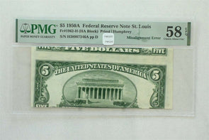 Misalignment error Federal Reserve Note 1950 A $5 PMG AUnc 58EPQ Fr#1962-H