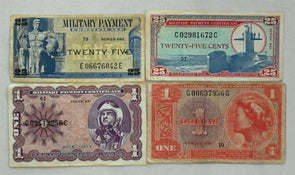 US Military Payment Certificates 25 Cents & Dollar Lot of 4 notes. Series 591-68