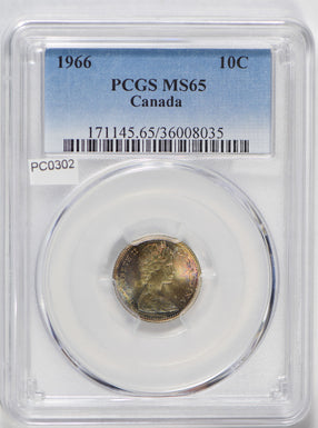 Canada 1966 10 Cents silver PCGS MS65 stunning blue golden toning PC0302 combine