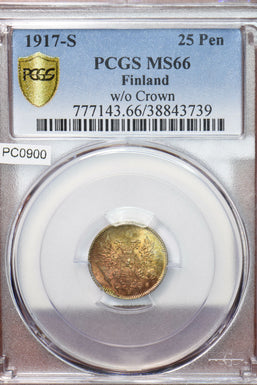 Finland 1917 S 25 Pennia Eagle animal PCGS MS66 w/o Crown PC0900 combine shippin